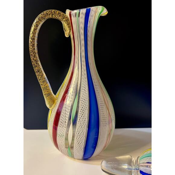RARE Murano Zanfirico Latticino Glass Decanter Arlecchino Ribbon Gold Aventurine - Picture 4 of 11